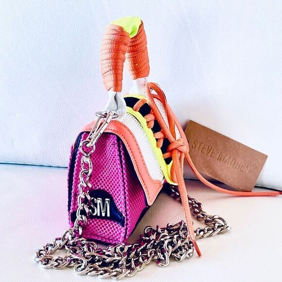 NWT Steve Gorgeous Madden BDORRA Neon Orange Pink Silver Crossbody mini bag - Picture 3 of 13